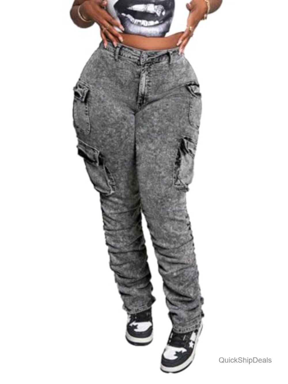 High Waist Cargo Jeans Acid Wash Ruched Stacked Multi-Pocket